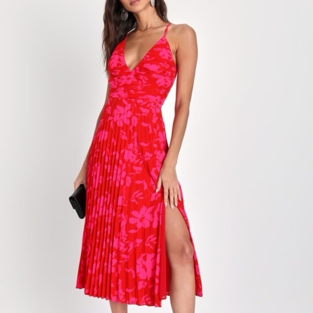 Lulu's Floral Pleated Midi Dress | Women’s XS | Pink & Red | Open Back